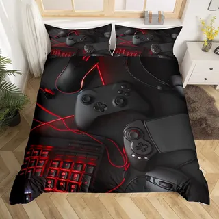 Homemissing Gamer Bettbezug für Jungen, Jugendliche, Bettwäsche, 3D-Spielset, Gamepad, Bettbezug, Schwarz, Rot, Kinder, Herren, Schlafzimmer, Dekoration, modern, cool, Game, Komfort, 140 x 200 cm