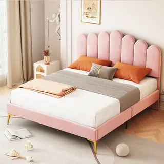 okwish Polsterbett 140 x 200 cm, Bettgestell mit Kopfteil und Lattenrost, Jugendbett für Erwachsene, Doppelbett, Gästebett in hautfreundlichem Samtstoff, rosa - Rosa