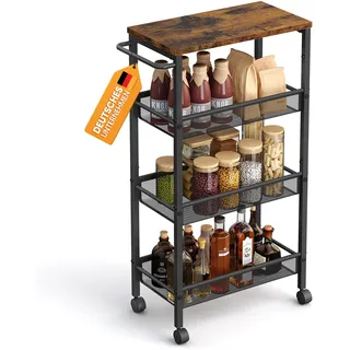 VASAGLE Rollwagen 4 Ebenen, Küchenwagen schmal, Nischenregal auf Rollen, Stahl, Griff, für kleine Räume, 22 x 45,4 x 77 cm, Küche, Bad, Wohnzimmer, Arbeitszimmer, vintagebraun-schwarz LRC033B01