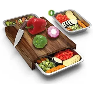 Liebspecht Schneidebrett Set mit Auffangschalen - 40x30x7.2 Groß - Akazienholz mit 3 Edelstahl Backblechen Reinigbar in der Spülmaschine - Multifunktionales Küchen Holzbrett
