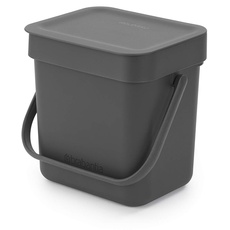 Brabantia Sort & Go Lebensmittelabfalleimer (3L / grau), kleiner Kompostbehälter für die Arbeitsplatte, mit Griff und abnehmbarem Deckel, leicht zu reinigen