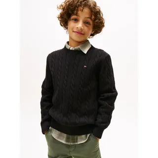 Strickpullover TOMMY HILFIGER "COTTON CABLE SWEATER", Jungen, Gr. 10 (140), schwarz, Strick, Obermaterial: 100% Baumwolle, regular fit hüftlang, Rundhals, Bündchen, Pullover Strickpullover, für Kinder bis 16 Jahre, mit Zopfmuster