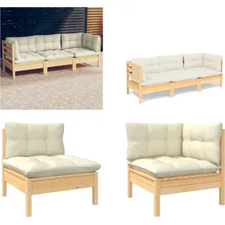 vidaXL 3 Sitzer Gartensofa mit Creme Kissen Massivholz Kiefer - 3-Sitzer-Gartensofa - 3-Sitzer-Gartensofas - Gartensofa - Gartensofas - Creme