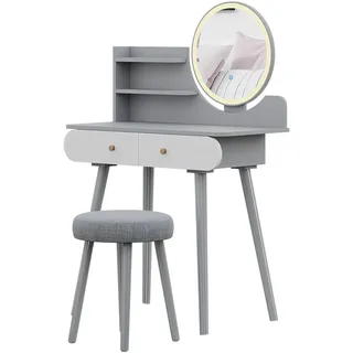 Vicco Schminktisch Edda LED-Spiegel Hocker 80 x 121 cm Grau Weiß Frisiertisch