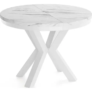 Runder Ausziehbarer Esstisch im Loft-Stil - Industrieller Tisch in Weißer Marmoroptik mit Weißen Metallbeinen - Platzsparender Tisch für Wohnzimmer - Marmor Weiß - 100 bis 180 cm - Weiß