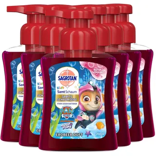 Sagrotan Kids Samt-Schaumseife Erdbeere – Paw Patrol Edition – 6 x 250 ml Schaumseife mit farbigem Schaum im Seifenspender