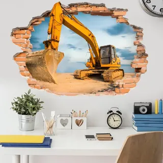 SUPERDANT 3D Wandtattoo Bagger Ziegelwand Selbstklebende Wandsticker Wasserdicht Abziehbar Wanddeko Wandaufkleber Für Wohnzimmer Kinderzimmer Schlafzimmer Wohnung Spielzimmer 81x56.8 cm