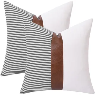 Mecatny Boho-Überwurfkissen, 45,7 x 45,7 cm, 2 Stück, Bauernhaus, dekorative Dekokissen mit Einsätzen im Lieferumfang enthalten, braunes Kunstleder, modern, gestreift, Patchwork, Leinen, Akzentkissen