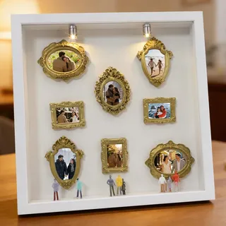 Yizhet DIY Mini Museum Silhouette Box Kreativer Bilderrahmen Shadow Box mit LED Licht 8 Mini Goldene Rahmen & 8 Zufällige Figuren Set für Jahrestag, Hochzeit, Heimdekoration