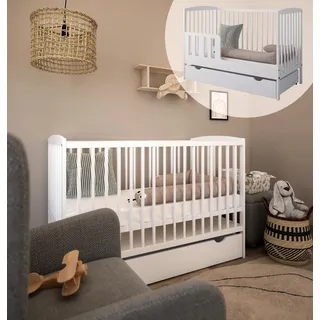 ZEE Babybett 2in1 120x60 cm Weiß Mit Schublade & Schutzgitter Umbaubar Zum Kinderbett 3 Fach Höhenverstellbar Kiefernholz - Weiß