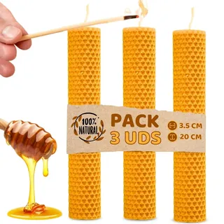 DECEVI Bienenwachskerzen Honigwabe – 3 Stück – 100% Natürliches spanisches Bienenwachs – Handgefertigt & Ohne Paraffin – Nachhaltige Kerzen für Zuhause (3 Stück, 20 cm x 3,5 cm)