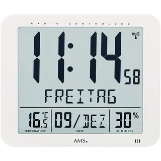 AMS 5886 Wanduhr Tischuhr Funk Funkwanduhr digital weiß Datum Thermometer Wecker - Weiß, Grau, Schwarz