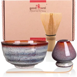Goodwei Matcha Set mit Matcha Schale und Besenhalter aus Keramik, Matchabesen und Bambuslöffel | Geschenkset für Einsteiger (Uji)