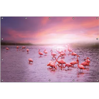 Wallario Outdoor-Poster für Garten oder Balkon, Motiv Rosa Flamingos bei Sonnenuntergang, in ca. 120 x 180 cm - Rosa