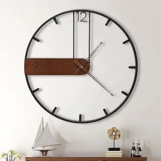 Yumyolk Wanduhr, große Wanduhr ohne Ticken, moderne Wanduhr aus Holz, schwarzbraun, 60 cm, Vintage-Retro-Stil, Wohnzimmer im Landhausstil - Blau