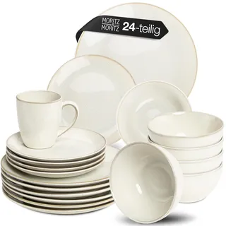 Moritz & Moritz Steingut Geschirrset 6 Personen mit Tassen - 24-tlg. - Serie Sense - Steingut Geschirr Set Beige - Mikrowellen- & Spülmaschinenfest, Essgeschirr, Tafelservice, Kombiservice 6 Personen