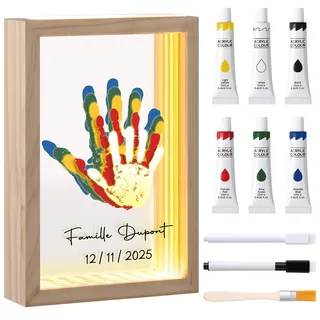 Fiada Familien Handabdruck Set 5 Personen LED Familien-Handabdruck-Fotorahmen Handgefertigter Erinnerungsrahmen aus Holz Geschenkidee zum Muttertag Vatertag Weihnachten und für Familienfeste