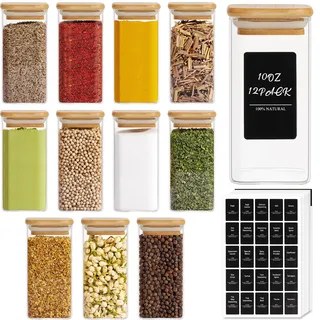 ComSaf Gewürzgläser Eckig Set, 12 Stk.295ml, Gewürzstreuer, Gewürzbehälter, Gewürzdosen Set, Spice Jars, Gewürze Aufbewahrung, Gewürzgläser Groß Leer für Küche, Esszimmer