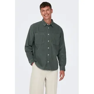 Langarmhemd ONLY & SONS "OS ONSALP RLX 2PKT WASHD COR", Herren, Gr. XXL, N-Gr, grau (castor gray), Cord, Obermaterial: 100% Baumwolle, unifarben, regular fit, Rundhals, 1-Knopf-Manschette, Hemden Langarmhemd