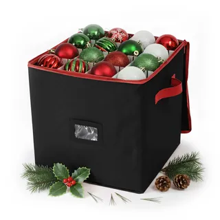 Relaxdays Weihnachtskugel Aufbewahrungsbox, 64 Kugeln, HxBxT: 33 x 33 x 33 cm, Polyester, Pappe, Kugelkiste, schwarz/rot