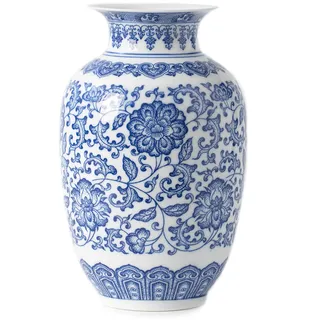 Blaue und weiße Vasendekoration, Keramik-Chinoiserie-dekorative Vase für Zuhause, Büro, Blumenvase, Pocelain, glänzende Vase für Tisch, Wohnzimmer, Bücherregal, Kaminsims, Tafelaufsätze, 22,9 cm