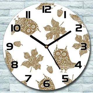 Wanduhr aus Glas Rund fi 30 Herbstblätter Eulen Quarz Deko Wohnzimmer Büro - Braun