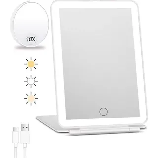 Reisverlichtbare make-upspiegel mit 10-facher Vergrößerung - 80-LED - 2000mAh-Akku - 3-Farben-Beleuchtung - Touch-Dimmen - tragbar - Weiß
