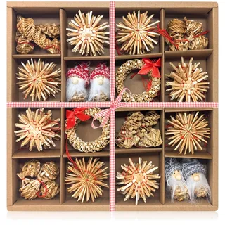 com-four® 56-teiliges Set Christbaumschmuck - Sterne, Glocken, Tannen, und traditionelle Figuren als Christbaum-Deko - kleine Stroh-Anhänger als Weihnachtsbaumschmuck - natürlicher Christbaum-Behang