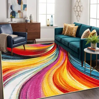 WQMMD Bunt Waschbare Teppiche Kinderzimmer Kurzflor rutschfest Rot Gelb Orange Moderne Wellen Muster Geometrische Teppich Maschinenwaschbar für Wohnzimmer Esszimmer küche Schlafzimmer (120x170cm)
