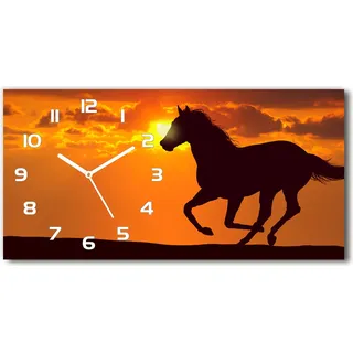 Wanduhr aus Glas – 60x30 cm - Glasbild - Glasuhr - Gehärtetes Glas - weisse-zeiger - Sunset Pferd - Orange