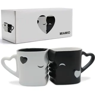 MIAMIO - Kaffeetassen/Küssende Tassen Set Geschenke für Frauen/Männer/Freund/Freundin zur Hochzeit/Weihnachten aus Keramik (Schwarz)