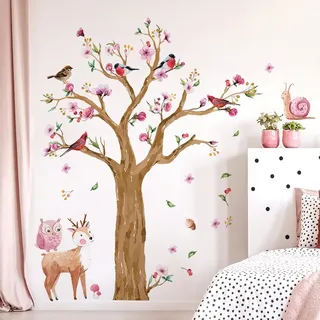 WandSticker4U®- [Extra groß] Riesige Wandtattoo BAUM Kinderzimmer aquarell XXL (145x170 cm) I Wandsticker Baum groß Blumen Waldtiere I Wandaufkleber Kinderzimmer Deko Mädchen & Junge
