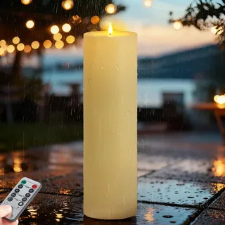Ketom LED Kerzen mit Timerfunktion, D10 x H35 cm LED Kerzen Flackernde Flamme mit Fernbedienung, Wasserdichte Batterie Dekorative Kerze Outdoor Groß für Weihnachten (Elfenbein, Ohne Batterien)