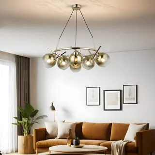 Opviq Elegant Gold Chandelier, Metal Body, Ø15 cm Glass Cap, Adjustable Height 60-128 cm, 6 x E27 Max 40W, Stylish Lighting for Modern Spaces, IP20