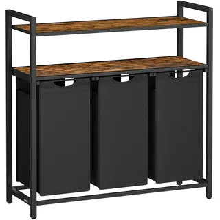 VASAGLE Wäschekorb 3 Fächer, Wäschesammler mit 2 Ablagen, Wäschesack ausziehbar und abnehmbar, pro Tasche 40 Liter, für Badezimmer, Waschküche, vintagebraun-schwarz BLH213B01