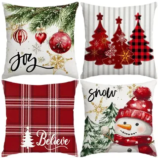 Miaikoe Weihnachtskissen Abdeckungen 40x40cm, Dekorative Bauernhaus Weihnachtsbaum Buffalo Plaid Glauben Schneemann Kissen Shams Fälle Slipcovers Set von 4 für Couch Sofa Rot