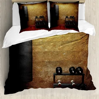 ABAKUHAUS Fitness Bettbezug, Gymnastikraum und Dumbbells, Milbensicher Allergiker geeignet mit Kissenbezügen, 155 cm x 220 cm - 80 x 80 cm, Schwarz Redwood Pale Brown - Schwarz