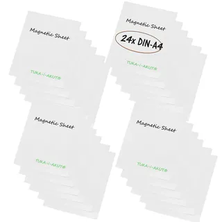 TUKA-i-AKUT 24x A4 Magnetfolie zum Beschriften und Zuschneiden, Flexibel Magnet Tafelfolie Magnetplättchen Gummimagnet, Werbelehrmagnet Magnetische Etikett Plakat, 24er Set Weiß, TKD9040-white-A4-24x