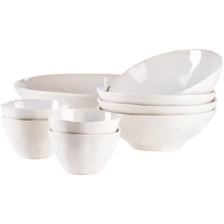 MÄSER Serie Frozen 9-teiliges Bowl Set aus schöner Keramik, 1 Salatschüssel, 4 Ramen Schalen und 4 Dip Schälchen, organische Formen im Vintage Look, händisch lasiert, Steinzeug, Weiß, 26