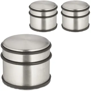 Relaxdays Türstopper Edelstahl, 3er Set, HxD: 7,5 x 9 cm, hoch & schwer, rutschfest, Türzuschlagbremse, silber/schwarz
