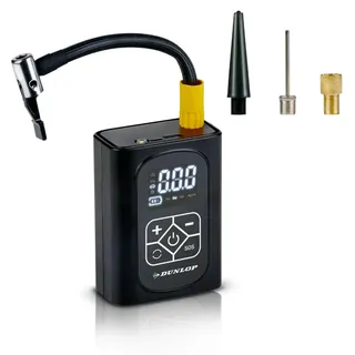 Dunlop Digitaler Mini Kompressor 150PSI – Elektrische Fahrradpumpe mit Powerbank-Funktion – Akku Luftpumpe für Auto- und Fahrradreifen – USB Wiederaufladbar – mit 3 Adaptern und LED-Beleuchtung