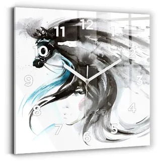 Wallfluent Wanduhr – Stilles Quarzuhrwerk - Uhr Dekoration Wohnzimmer Schlafzimmer Küche - Zifferblatt - weiße Zeiger - 30x30 cm - Abstraktes Pferd und Frau - Schwarz