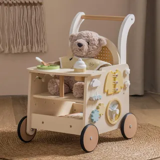 ROBOTIME Holz-Babywalker als Kinderwagen-Spielzeug, mit Geschwindigkeitskontrolle und Unter-Sitz-Aufbewahrung, pädagogische Schiebe- Zieh-Laufhilfe, sicher für erste Schritte, Geschenk ab 10 Monaten