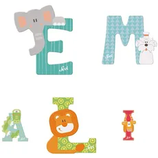 Sevi Tier Holzbuchstaben Name Emilia ca. 10 cm, Türbuchstaben für Kinderzimmer, ABC Lernspielzeug aus Holz, pädagogisches Spielzeug für Kinder ab 3 Jahre, Kindernamen Buchstaben Tiere, Mehrfarbig