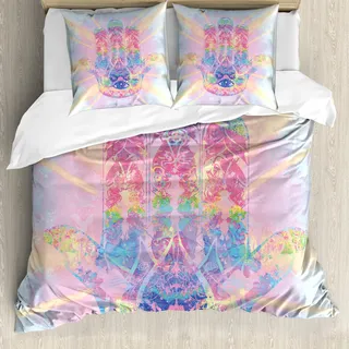 ABAKUHAUS Hamsa Bettbezug, Energiefluss Aura Yoga, Milbensicher Allergiker geeignet mit Kissenbezügen, 155 cm x 220 cm - 80 x 80 cm, Pale Pink Peach und Aqua - Rosa