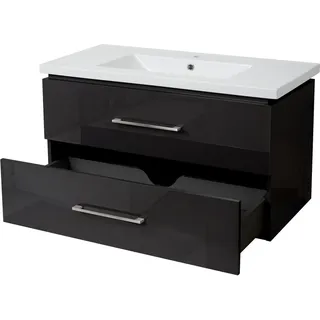 Premium Waschbecken + Unterschrank HWC-D16, Waschbecken Waschtisch, hochglanz 90cm  schwarz - Schwarz
