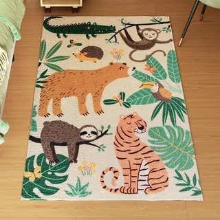 HOMCOM Teppich Anti-Rutsch Maschinenwaschbar Landhausstil 150 x 80cm | Wohnzimmerteppich, Kurzflor, Dschungel-Muster, Fleece-Optik, Flächenteppich, Wohnzimmer Balkon Küche, Mehrfarbig