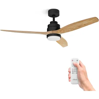 Ufesa Deckenventilator mit Licht LED, 40W, 6 Geschwindigkeiten, Ultra Silent, 3 Flügel Naturholz 132cm, Sommer - Winter Funktion, Timer 8h, 3 Stufen Licht, Fernbedienung, Schwarz - Helles Holz
