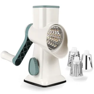 Dreamhigh Käsereibe mit Kurbel, Gemüseschneider 3 Edelstahl Austauschbaren Trommelklingen, Manuelle Trommelreibe, Gemüsehobel, Starke Saugwirkung, Ideal für Gurken, Käse Nüsse, Karotten usw, Weiss