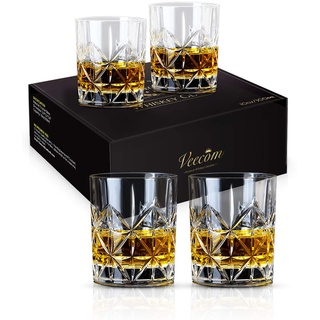 veecom Whiskey Gläser, 315ml Whisky Gläser, Old Fashioned Whiskeygläser 4er Set Rum Gläser, Whiskey Glas Männergeschenke für Papa, Whisky Tumbler Glas für Scotch, Cocktail